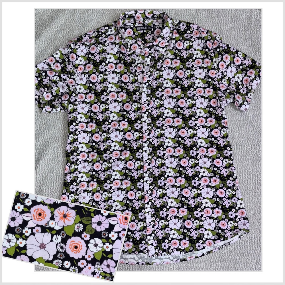 ST33LE men's short sleeve floral black lavender buttondown shirt size XXL